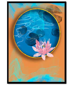Abstrakte Seerosenkunst mit goldenen Akzenten auf blauem und orangefarbenem Hintergrund
