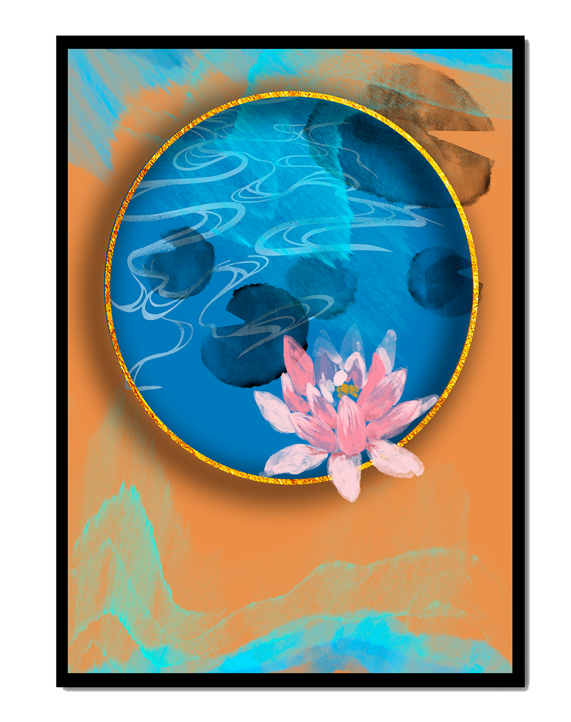Abstract water lily art with gold accents on blue and orange background