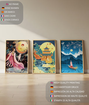 Ensemble d'art oriental avec paysages mystiques et pleine lune