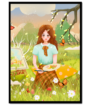 Ilustración de una chica pintando al aire libre rodeada de mariposas y flores