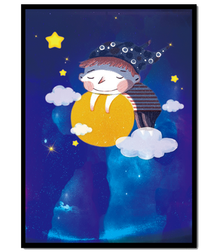 Scène nocturne onirique avec un enfant étreignant la lune