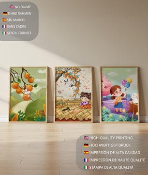 Ensemble de trois illustrations pour enfants avec des fruits et des animaux