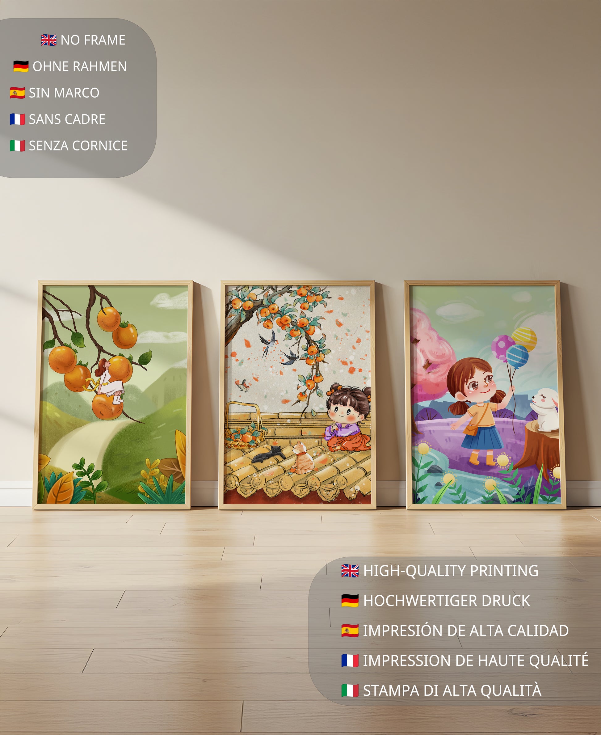 Ensemble de trois illustrations pour enfants avec des fruits et des animaux
