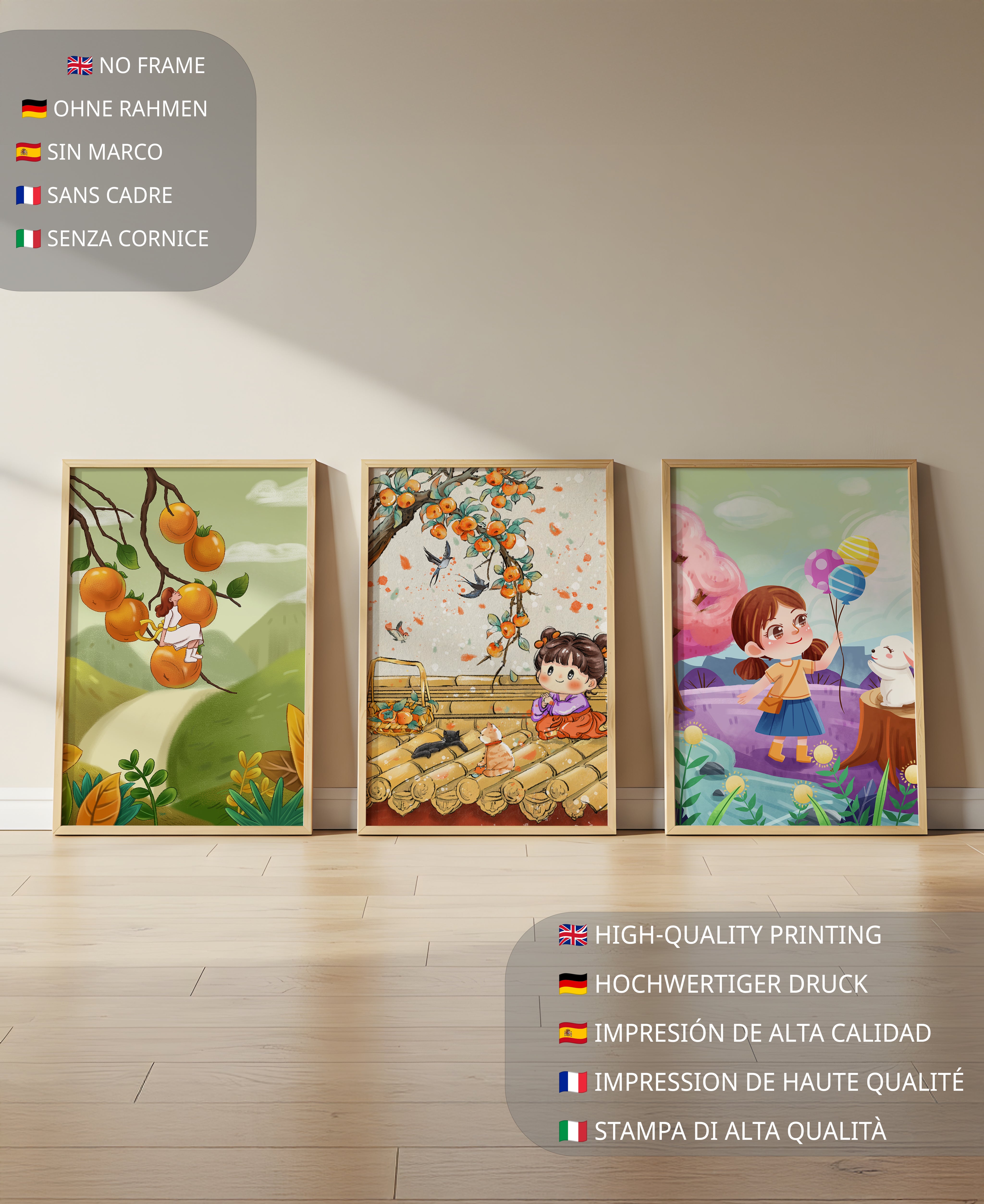 Conjunto De Tres Ilustraciones Infantiles Con Frutas Y Animales