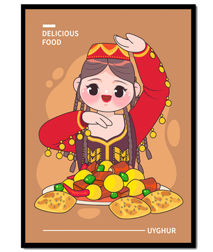 Illustration d’une figure culturelle ouïghoure portant un costume traditionnel et partageant un repas festif