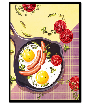 Huevos fritos y salchichas en una sartén con tomates y hierbas sobre un fondo colorido