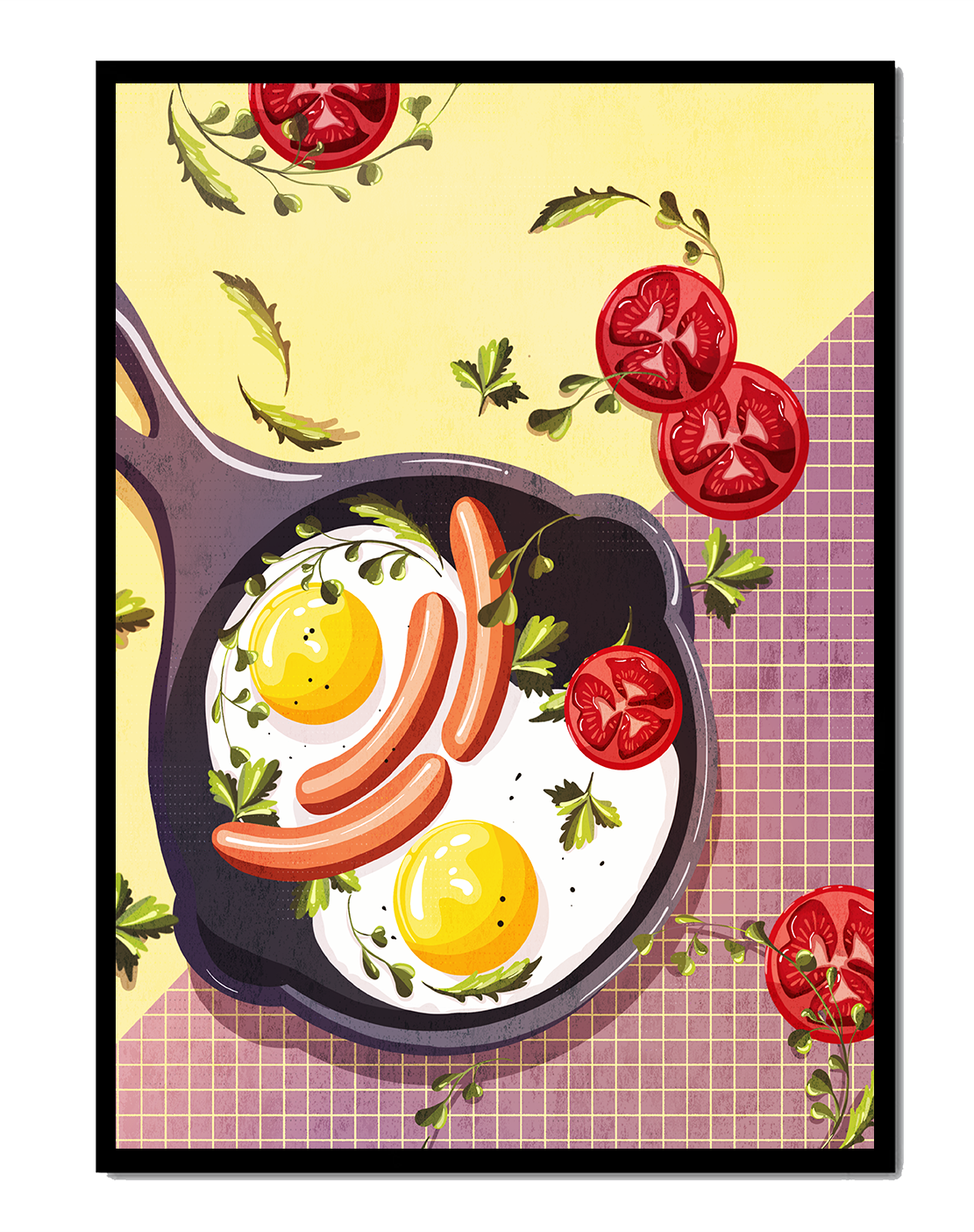 Fried Eggs and Sausages in Pan with Tomatoes and Herbs on Colorful Background