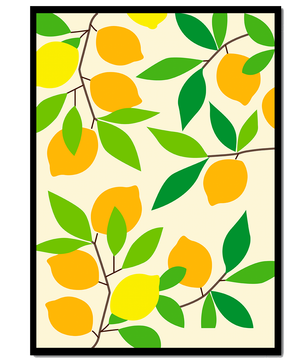 Vibrant lemon pattern with colorful leaves and citrus fruits