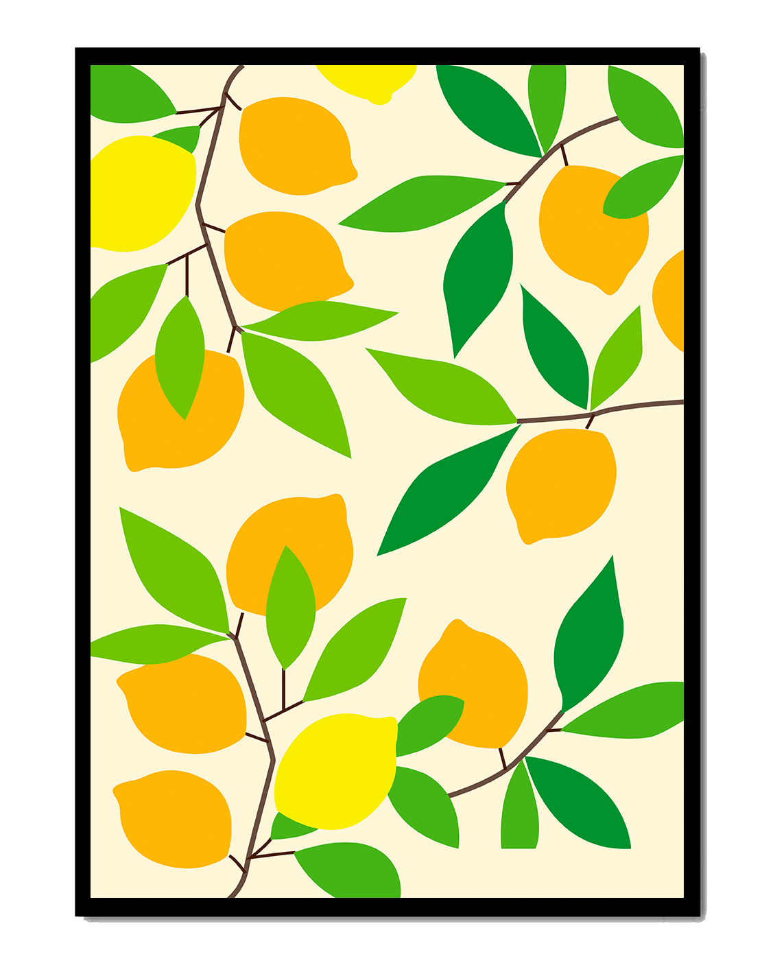 Vibrant lemon pattern with colorful leaves and citrus fruits