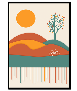 Abstract landscape with bicycle and tree in vibrant colors