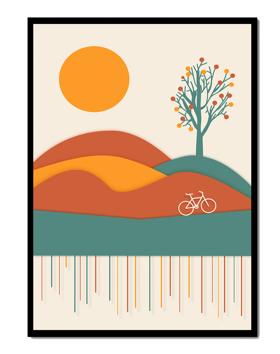 Abstract landscape with bicycle and tree in vibrant colors
