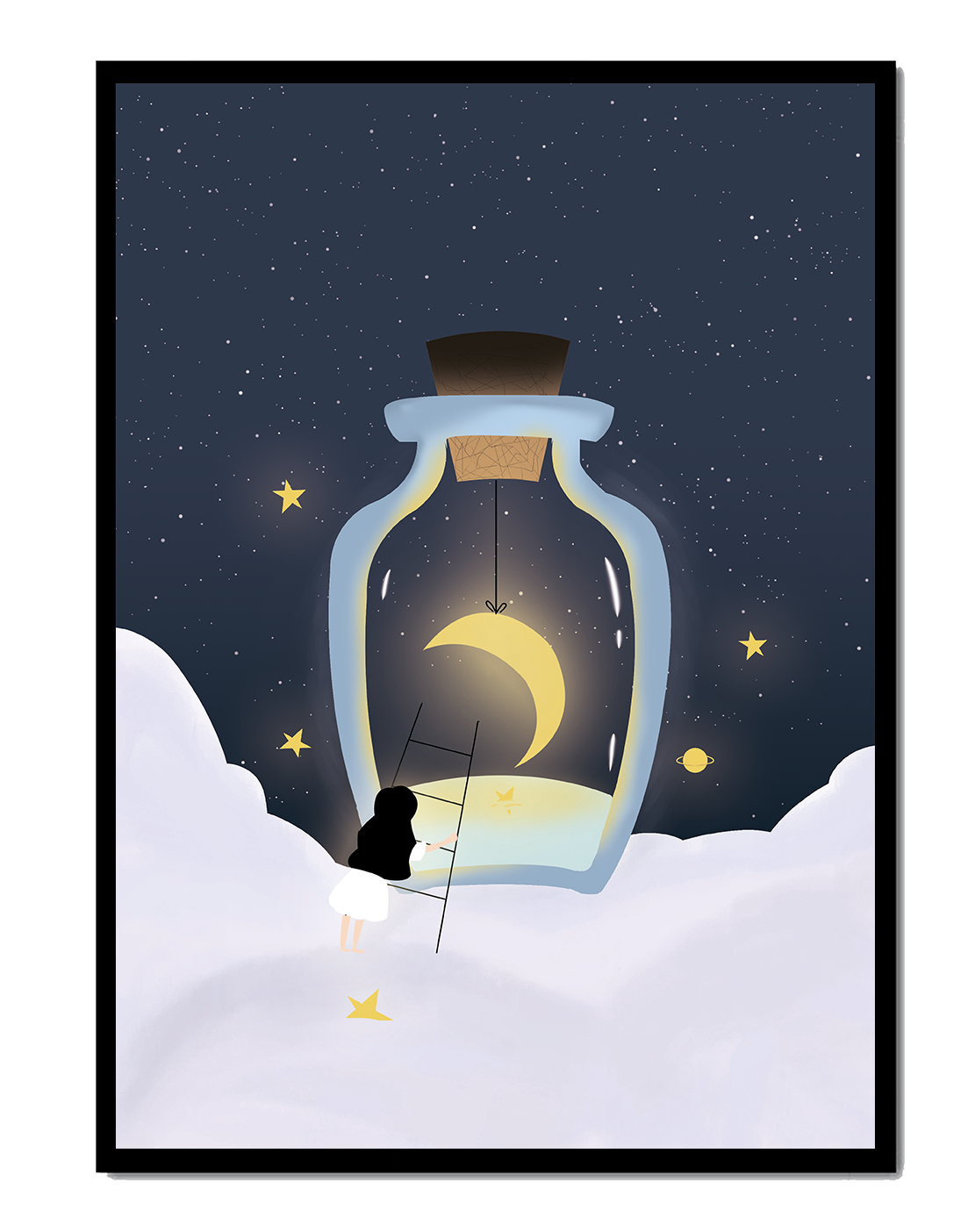 Fantasy Scene with Girl and Moon in a Bottle