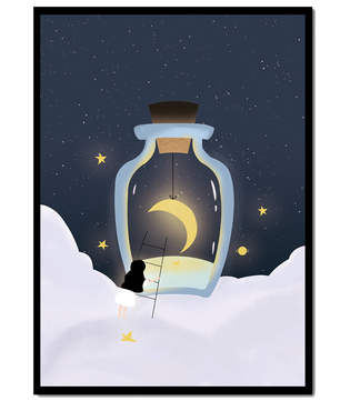 Fantasy Scene with Girl and Moon in a Bottle