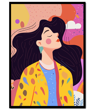 Ilustración colorida de una mujer en estilo artístico con fondo vibrante