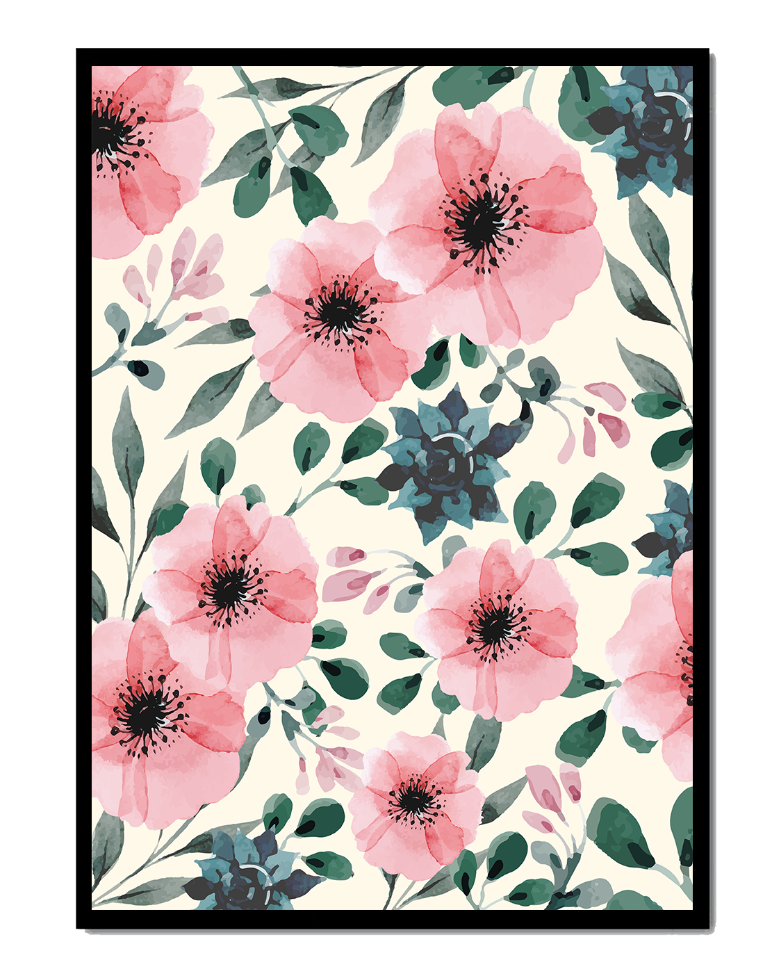 Floral Watercolor Pattern with Pink Flowers and Green Leaves