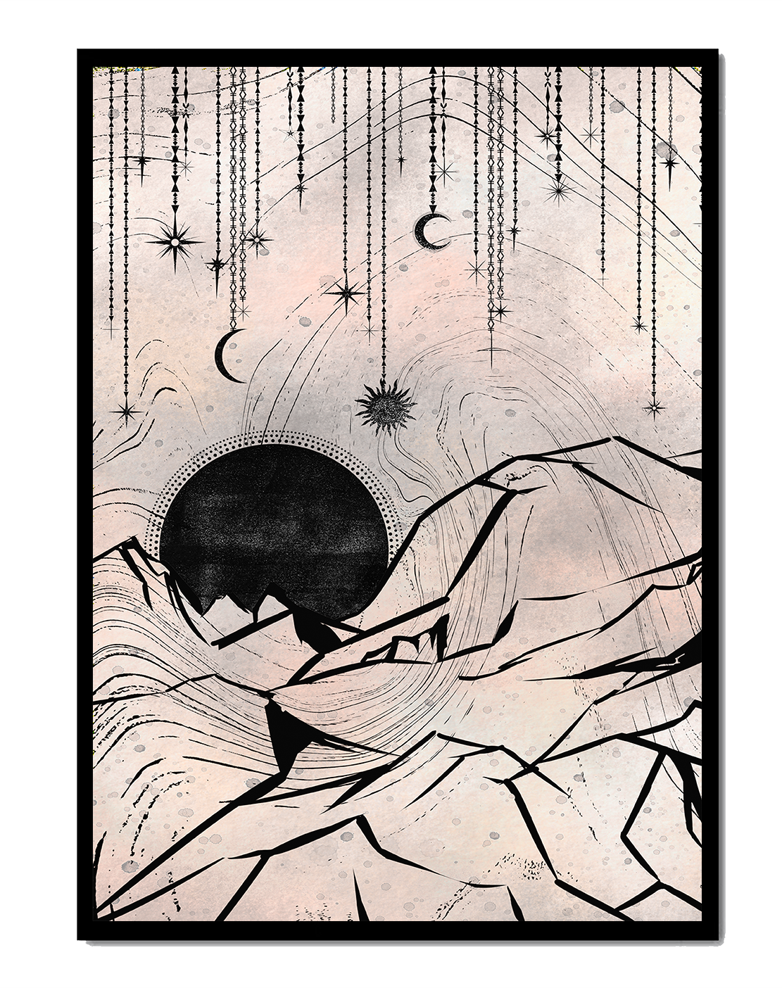 Abstract celestial landscape with mountains and stars