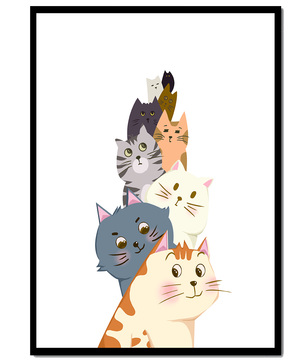 Stack of adorable cartoon cats with diverse patterns and colors