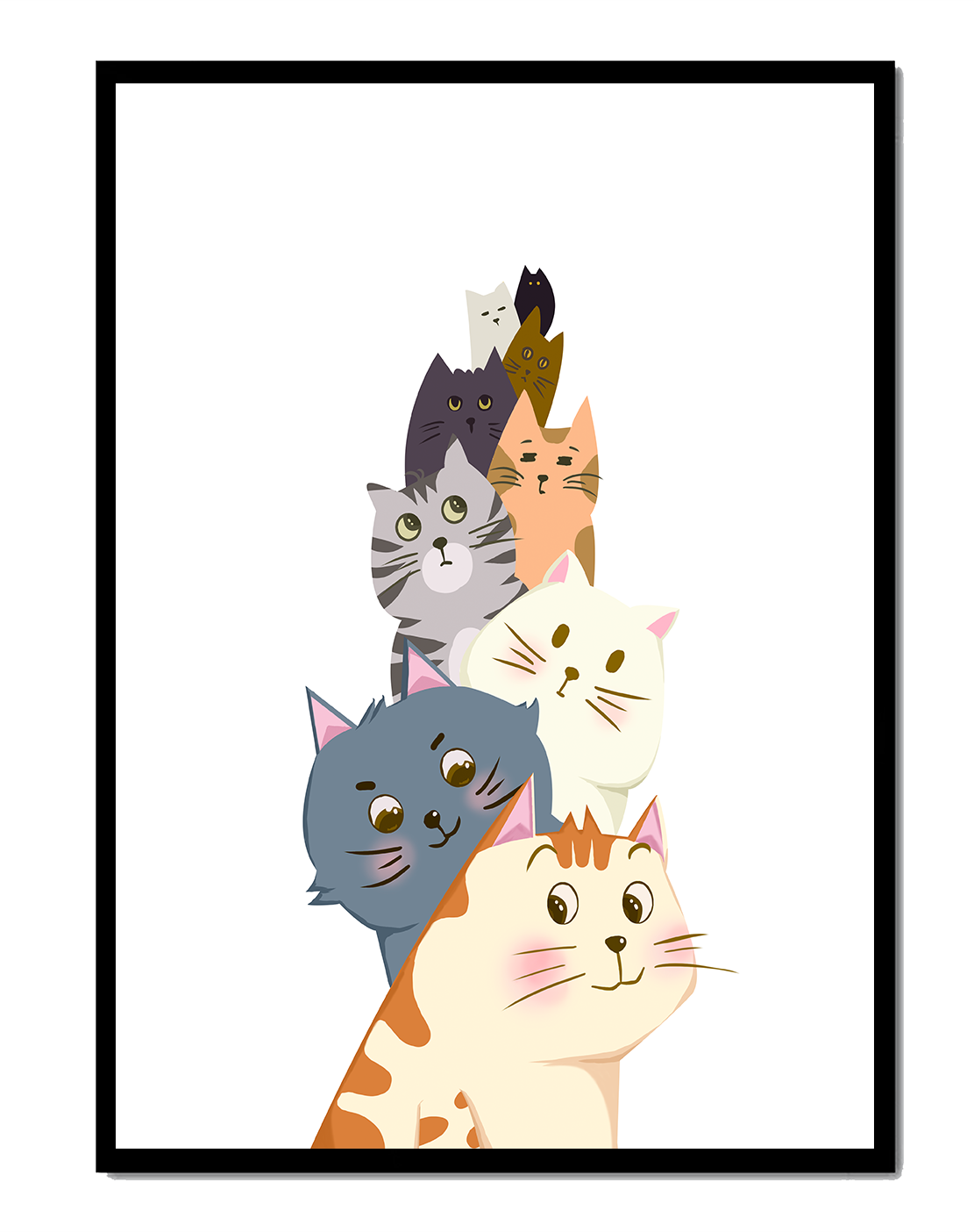 Stack of adorable cartoon cats with diverse patterns and colors