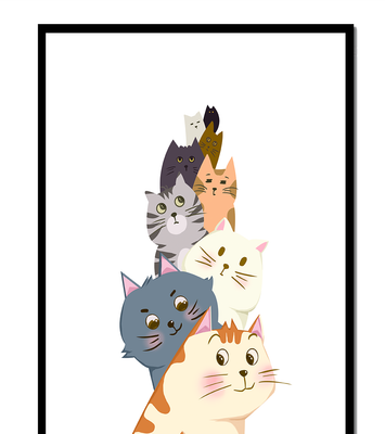 Stack of adorable cartoon cats with diverse patterns and colors