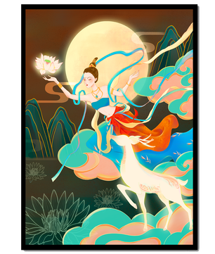 Ilustración serena de una mujer mística con ciervos en un paisaje iluminado por la luna
