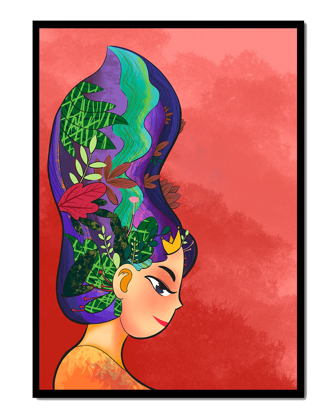 Colorful artistic portrait with nature-inspired hair design