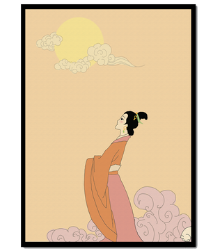 Elegant Woman in Traditional Dress with Moon and Clouds