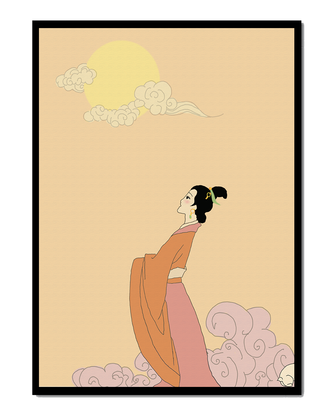 Elegant Woman in Traditional Dress with Moon and Clouds