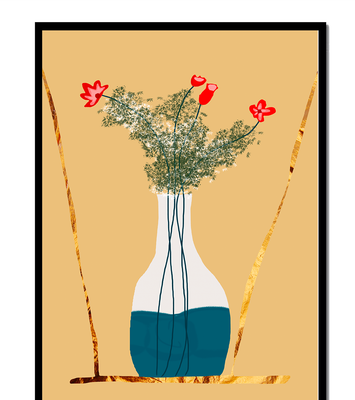Vase with Red Flowers and Golden Accents