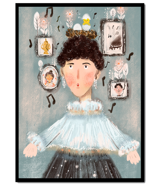 Retrato ilustrado caprichoso con elementos musicales y dorados