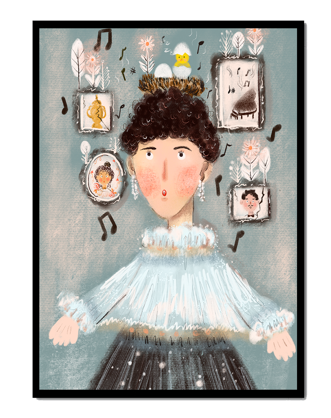 Whimsical illustrated portrait with musical and golden elements