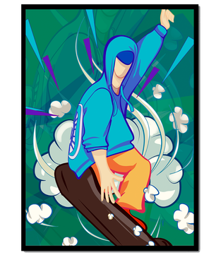 Ilustración abstracta colorida de una persona en movimiento con tonos azules y verdes