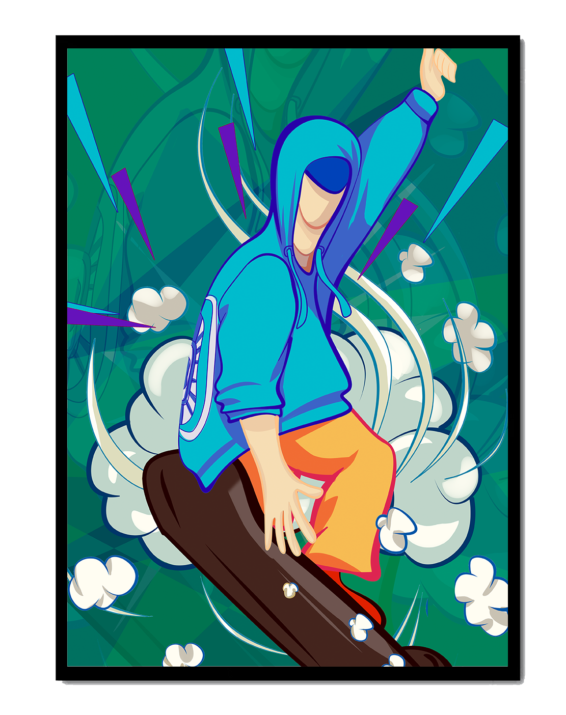 Ilustración abstracta colorida de una persona en movimiento con tonos azules y verdes
