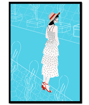 Stylish woman in polka dot dress with hat in modern abstract scene