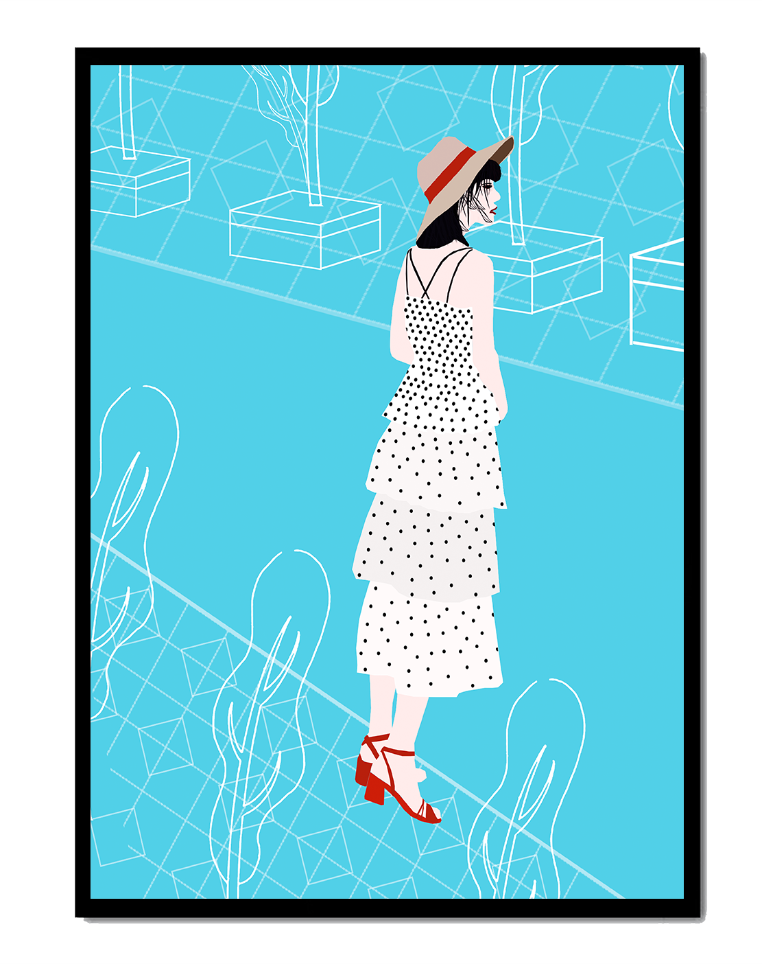 Stylish woman in polka dot dress with hat in modern abstract scene