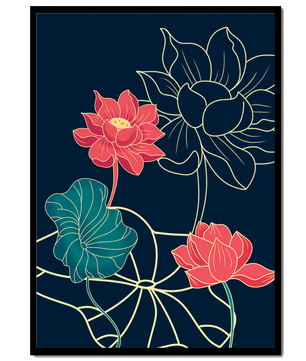 Vibrant Lotus Flowers on Dark Background with Gold Outline