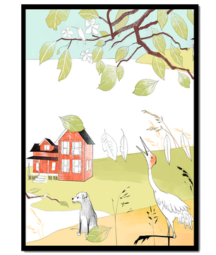 Tranquil rural landscape illustration with house, dog, and crane