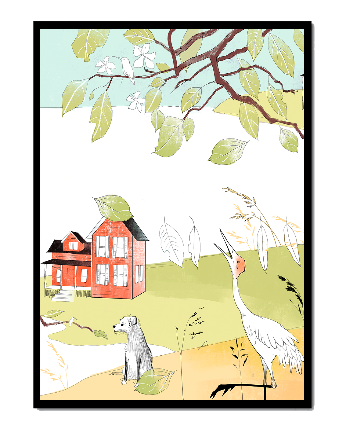 Tranquil rural landscape illustration with house, dog, and crane