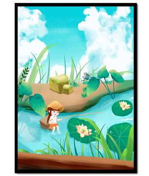 Ruhige Illustration eines Kindes, das an einem Teich mit Seerosen angelt