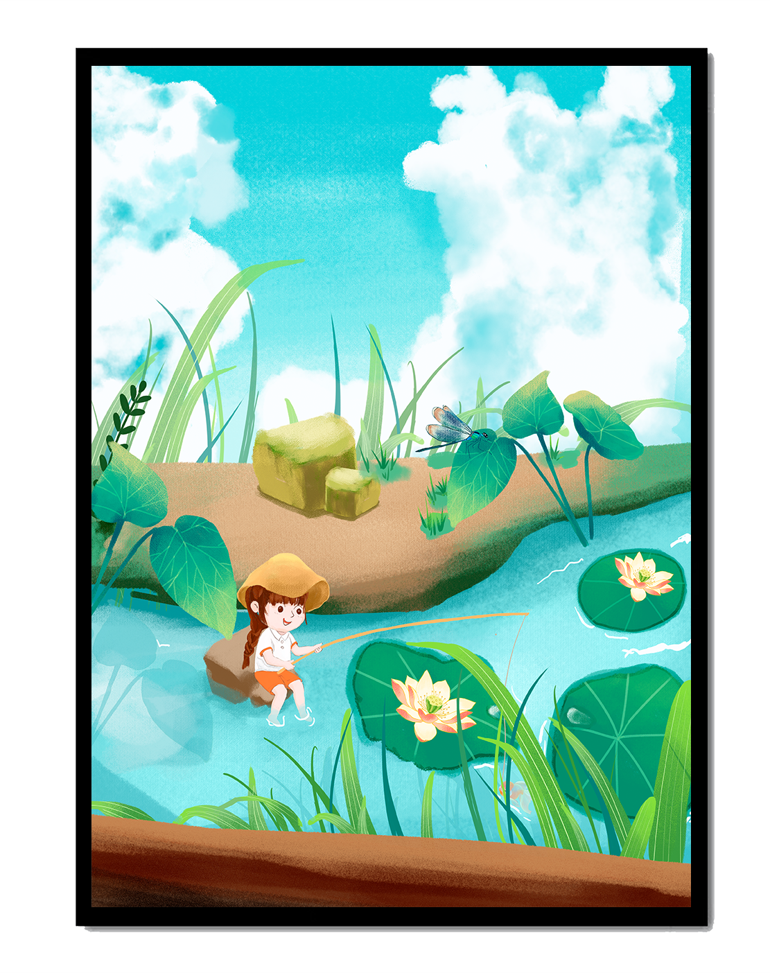 Serene illustration of a child fishing by a pond with lily pads