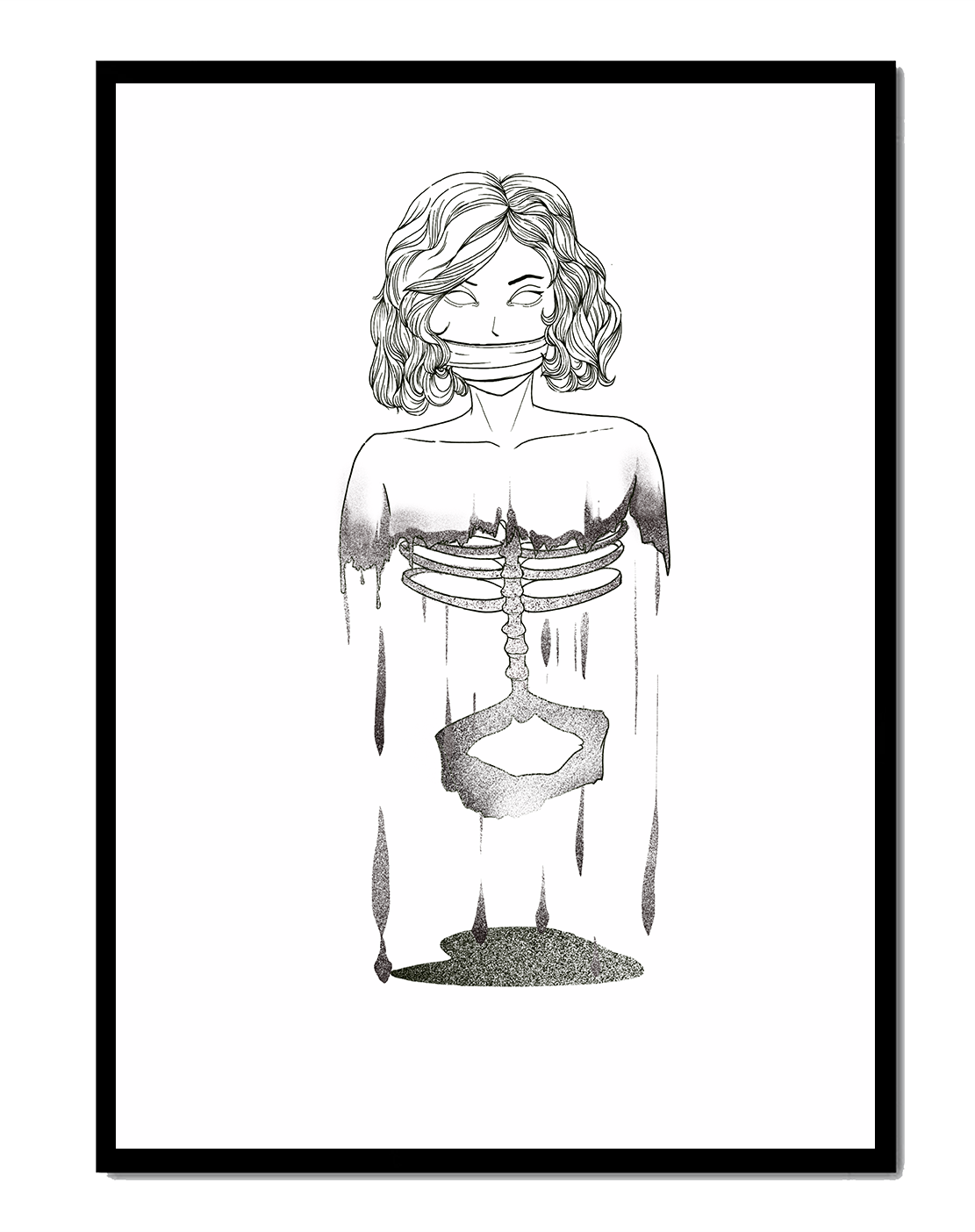 Surreal illustration of a woman with abstract ribcage and melting effect