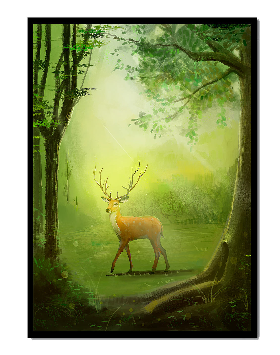 Serene forest scene with majestic deer under diffused sunlight