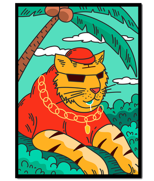 Stylish cartoon tiger lounging under a tropical palm tree with gold accessories