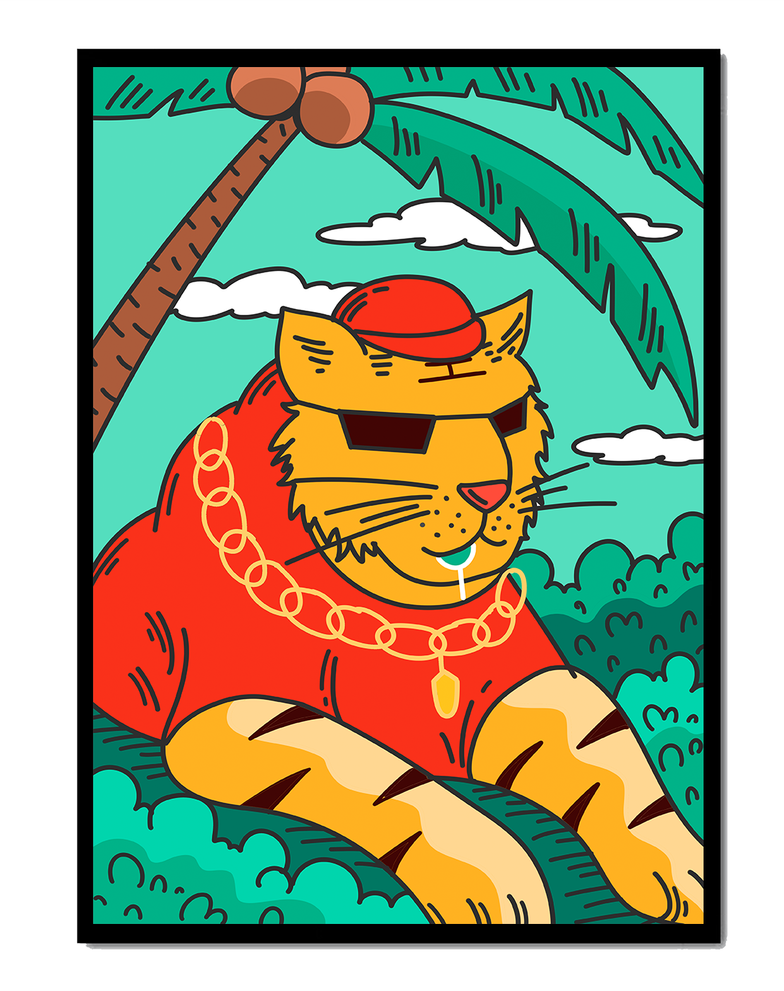 Stylish cartoon tiger lounging under a tropical palm tree with gold accessories