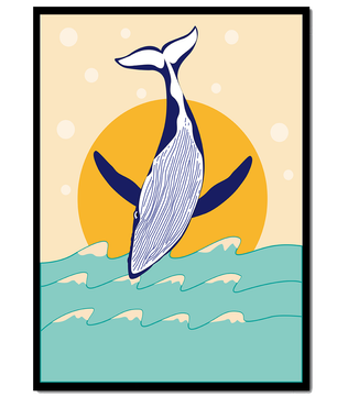 Ilustración de una ballena saltando sobre las olas con un fondo de sol