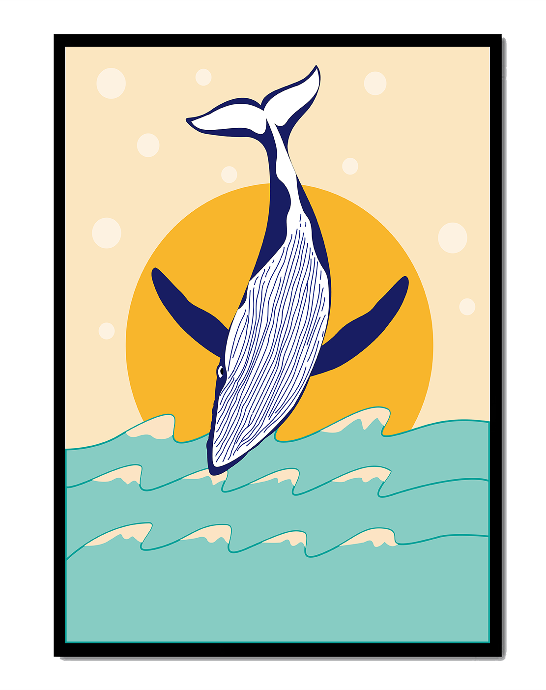 Illustration of a whale jumping over waves with sun backdrop