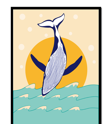 Illustration of a whale jumping over waves with sun backdrop