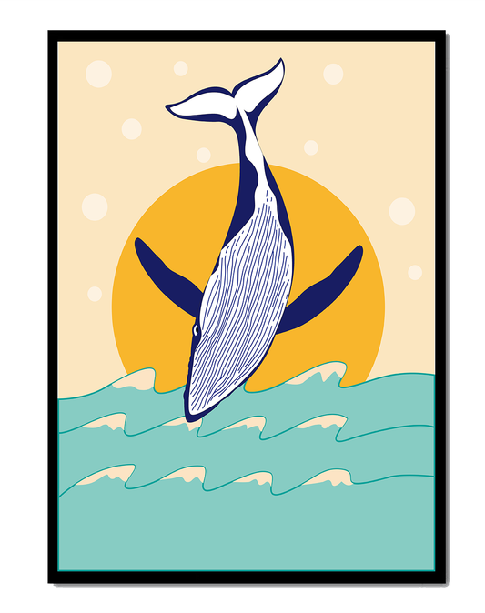 Illustration of a whale jumping over waves with sun backdrop