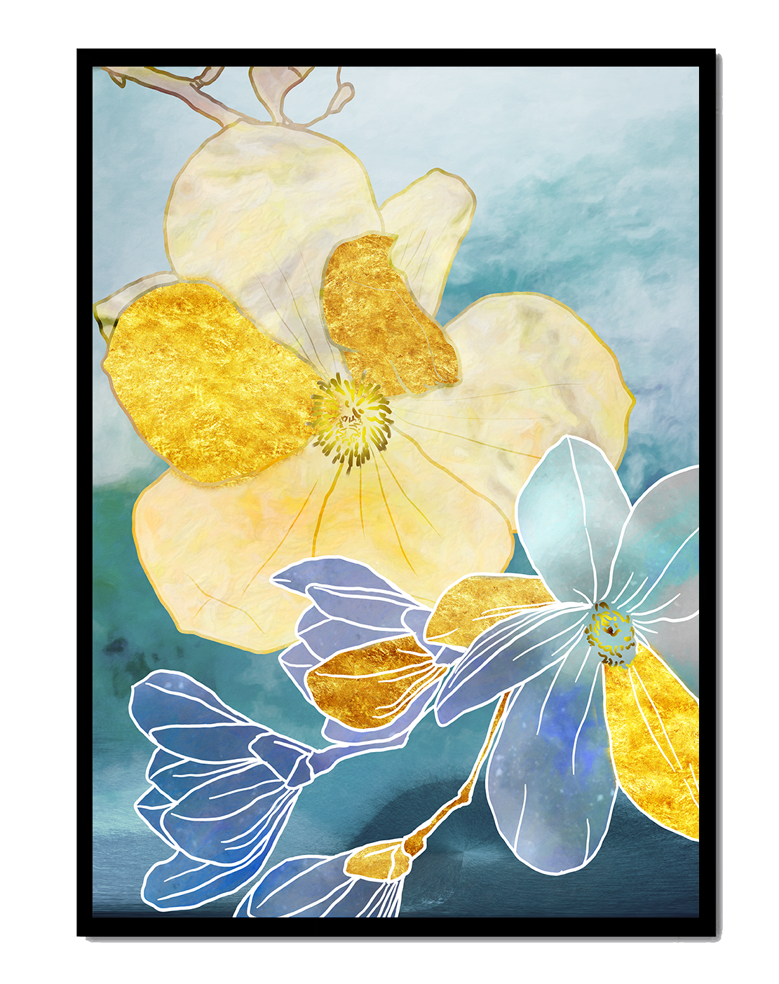 Arte floral abstracto con detalles dorados y tonos azules