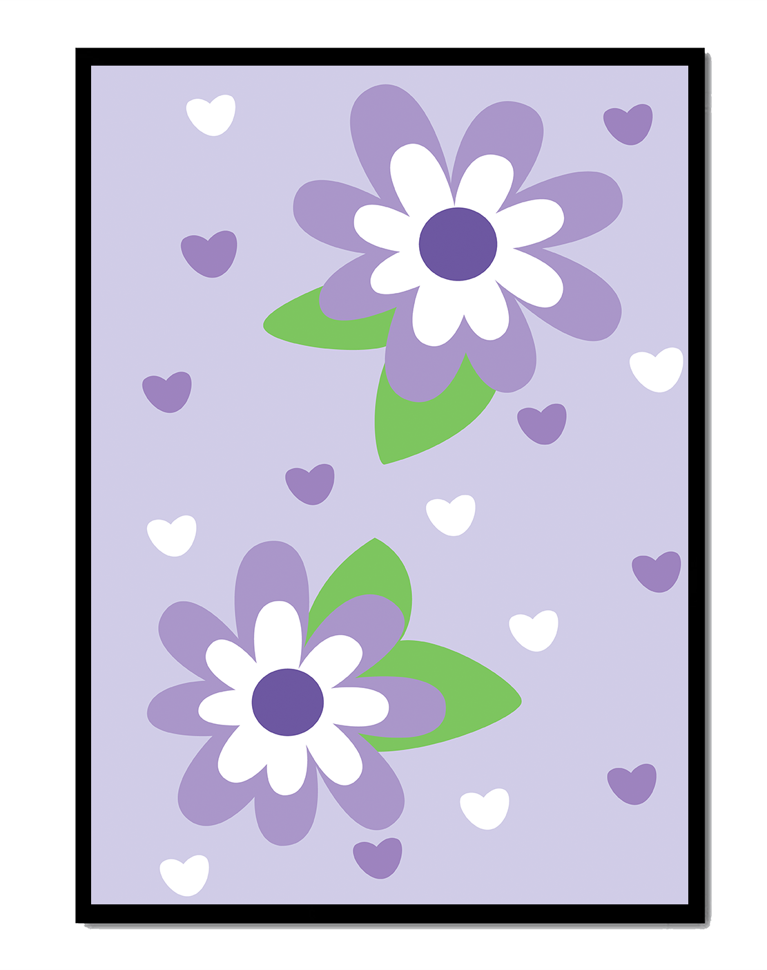 Elegant purple floral pattern with green leaves and heart accents