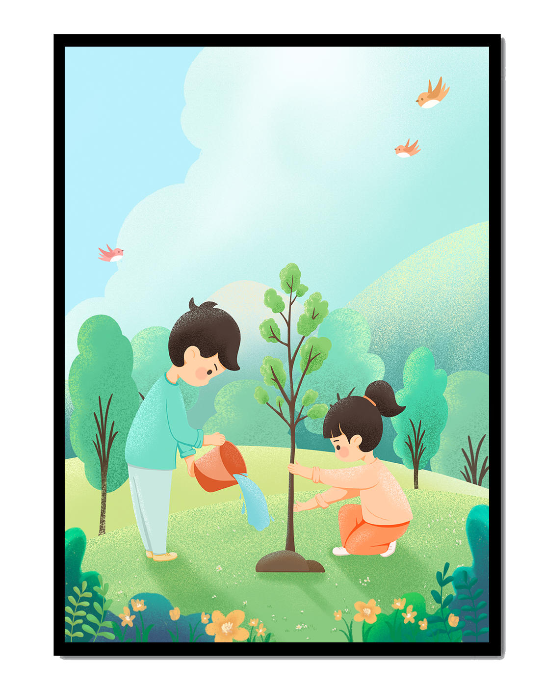 Children nurturing a young tree in a lush green landscape